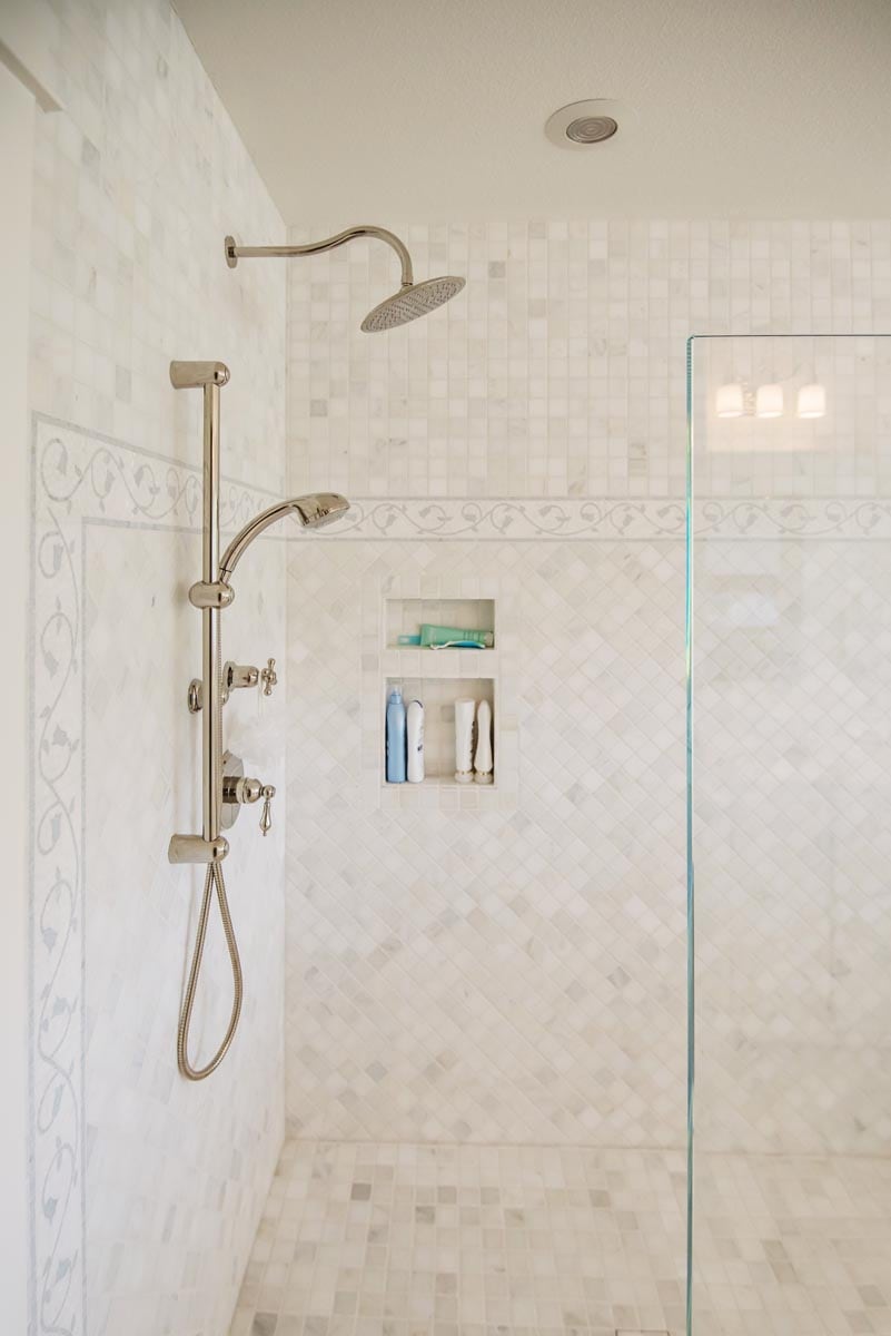 white patterned tile shower